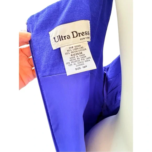 Cobalt Blue Linen Blend Fish Embroidered Shift Dress Coastal 16P - Picture 8 of 11